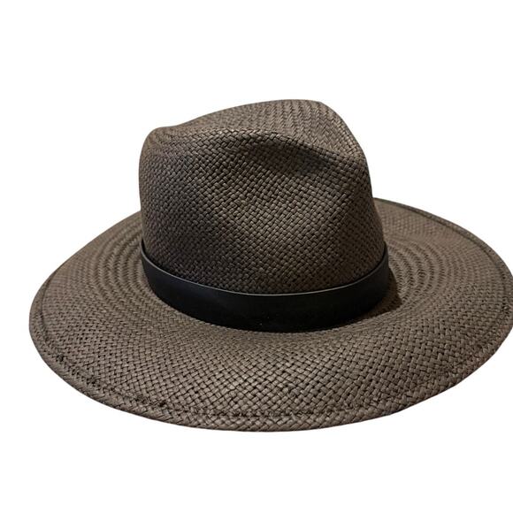 Janessa Leone Black Straw Hat Wide Brim Fedora Sz. Small - Picture 3 of 10